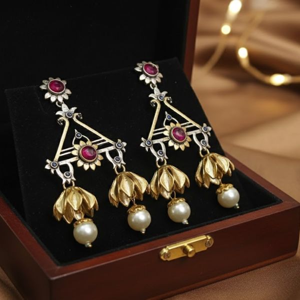 Elegant Floral Design Gold & Pearl Drop Earrings
