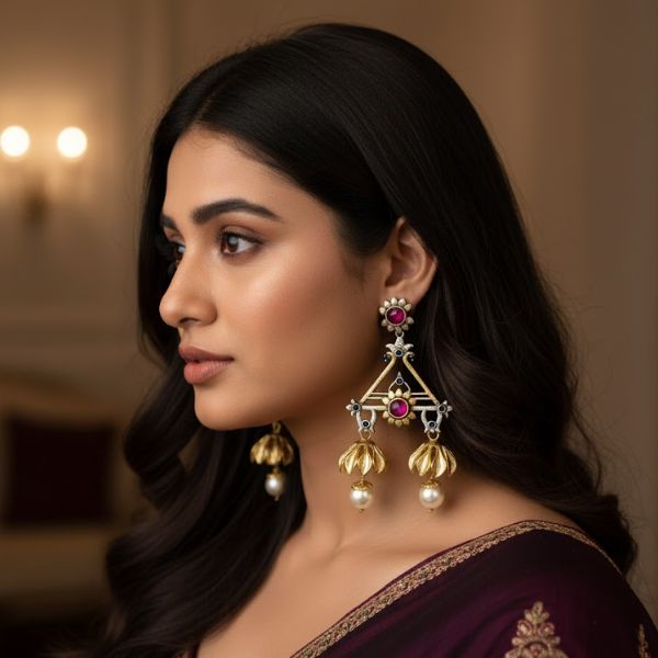 Elegant Floral Design Gold & Pearl Drop Earrings