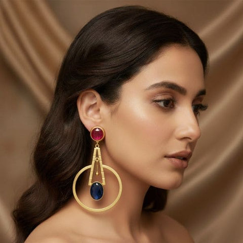 Elegant Geometric Drop Earrings with Red and Blue Gemstones