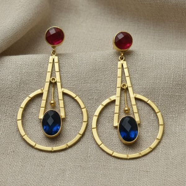 Elegant Geometric Drop Earrings with Red and Blue Gemstones