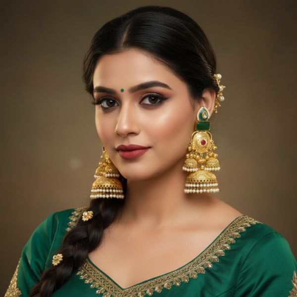 Luxurious Gold Plated Kundan Earrings with Pearl & Green Gemstone