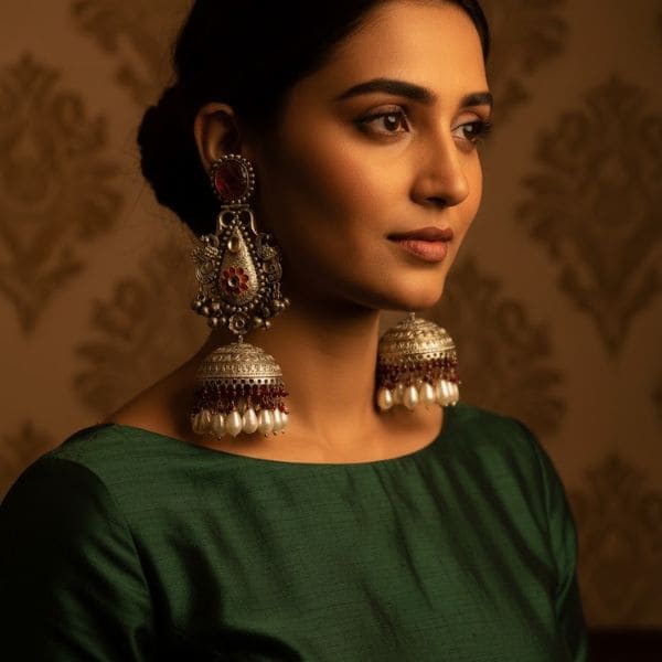 Antique Silver Jhumka Earrings with Red and Pearl Beads – Traditional Luxury Jewelry