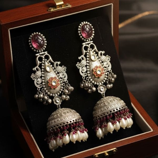 Antique Silver Jhumka Earrings with Red and Pearl Beads – Traditional Luxury Jewelry