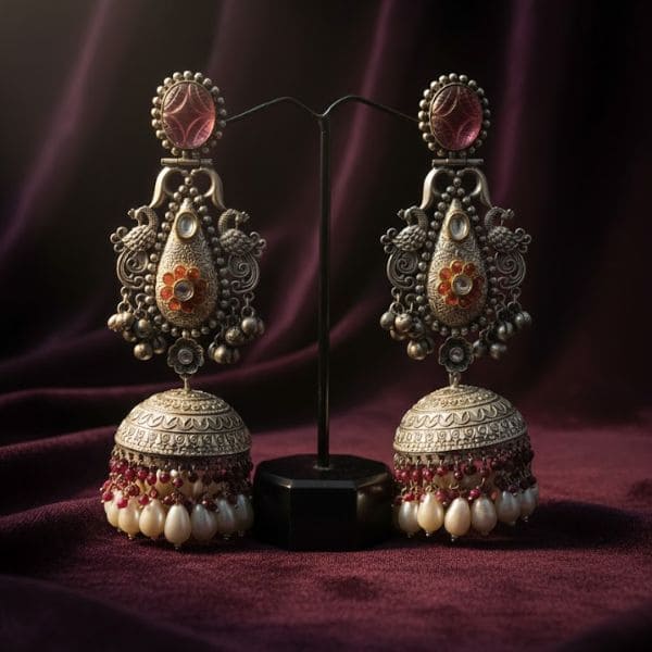 Antique Silver Jhumka Earrings with Red and Pearl Beads – Traditional Luxury Jewelry