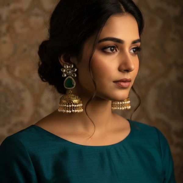 Vintage Gold-Plated Jhumka Earrings with Green Gemstone and Pearl Tassels