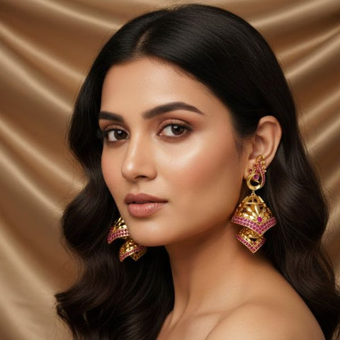 Luxurious Gold-Plated Jhumka Earrings with Pink Stones – Elegant Traditional Jewelry