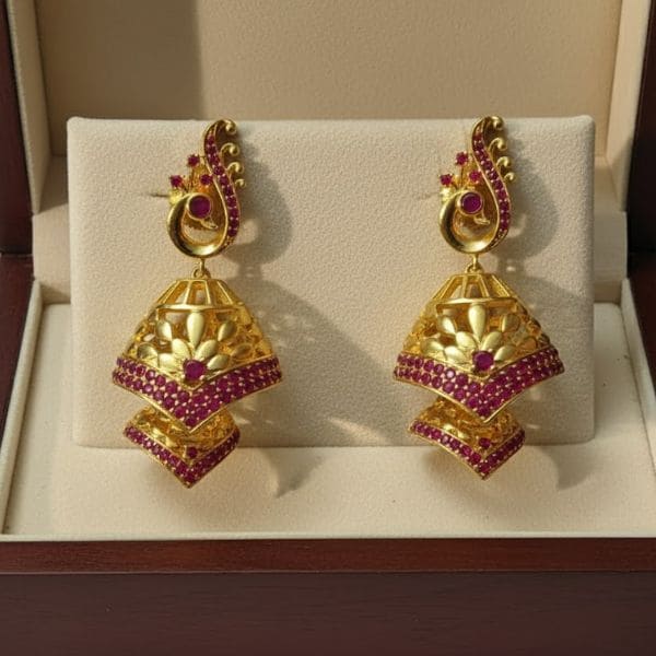 Luxurious Gold-Plated Jhumka Earrings with Pink Stones – Elegant Traditional Jewelry