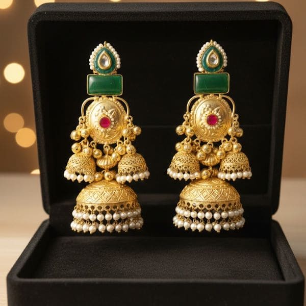 Luxurious Gold Plated Kundan Earrings with Pearl & Green Gemstone