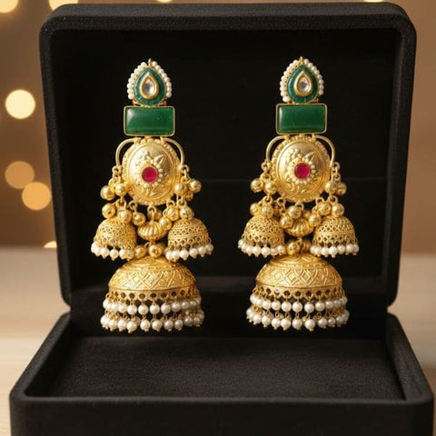 Luxurious Gold Plated Kundan Earrings with Pearl & Green Gemstone