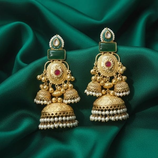 Luxurious Gold Plated Kundan Earrings with Pearl & Green Gemstone