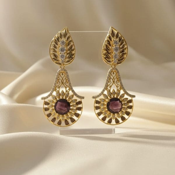 Elegant Gold-Plated Leaf Design Drop Earrings with Purple and Pink Gemstones