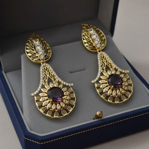 Elegant Gold-Plated Leaf Design Drop Earrings with Purple and Pink Gemstones
