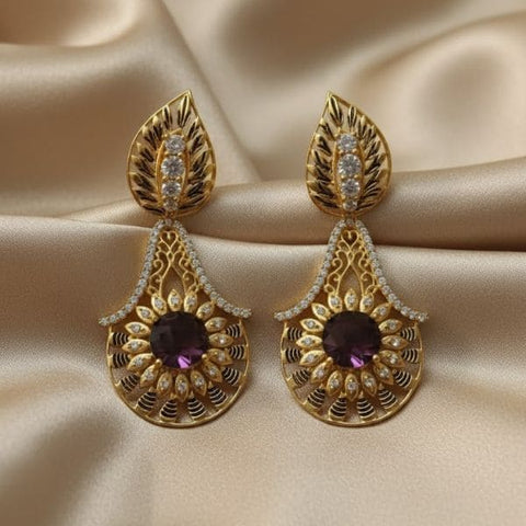 Elegant Gold-Plated Leaf Design Drop Earrings with Purple and Pink Gemstones