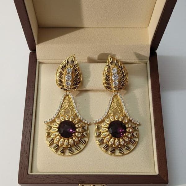Elegant Gold-Plated Leaf Design Drop Earrings with Purple and Pink Gemstones