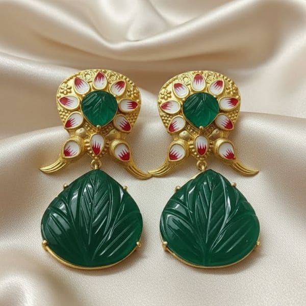 Elegant Handcrafted Leaf Drop Earrings with Enamel Detailing