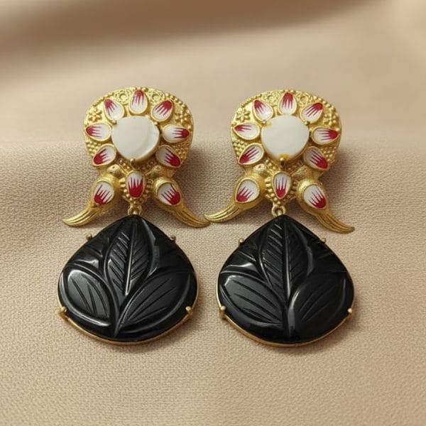 Elegant Handcrafted Leaf Drop Earrings with Enamel Detailing