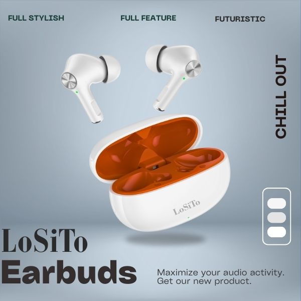 LoSiTo Chillout Earbuds – 20 Hours Backup | Bluetooth 5.3 | C-Type Charging | White