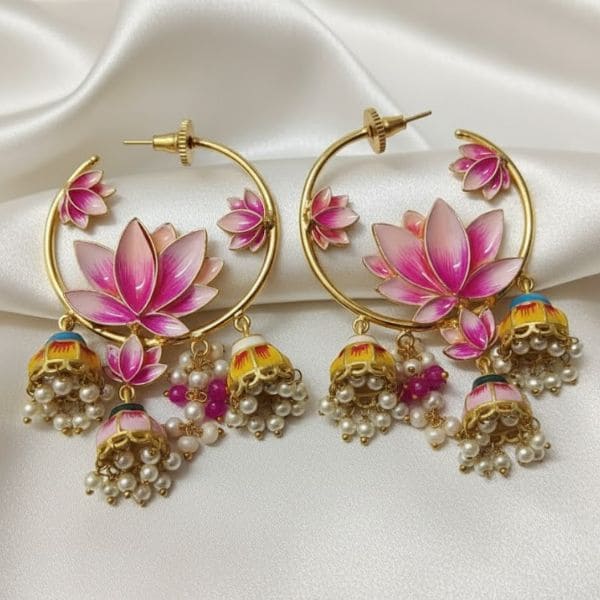 Elegant Lotus Motif Chandelier Earrings with Colorful Bells & Pearls