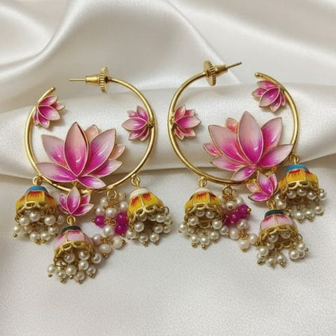 Elegant Lotus Motif Chandelier Earrings with Colorful Bells & Pearls