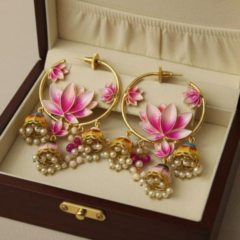 Elegant Lotus Motif Chandelier Earrings with Colorful Bells & Pearls