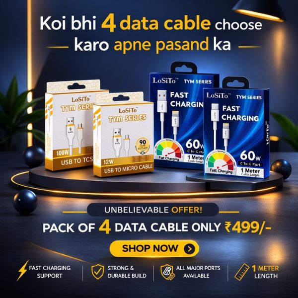 SELECT ANY 4 | (USB TO C, USB TO MICRO, USB TO LIGHTNING, C TO LIGHTNING, C TO C) Premium Data Cable