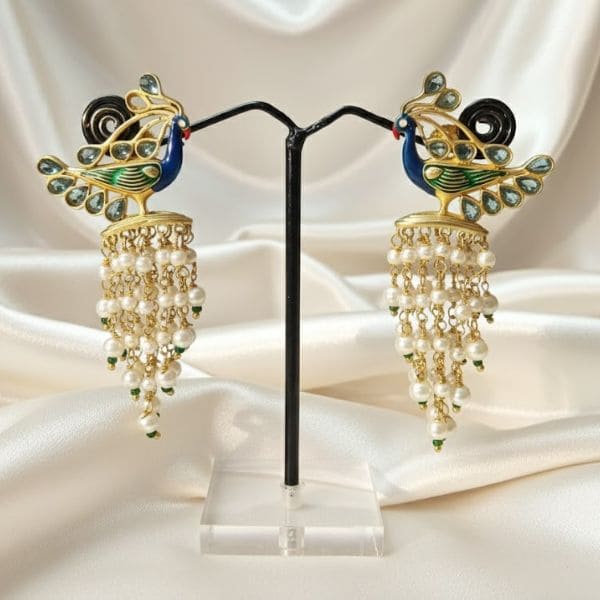 Peacock Motif Chandelier Earrings with Pearl Drops & Green Accents