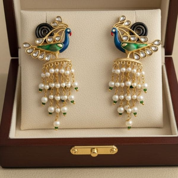 Peacock Motif Chandelier Earrings with Pearl Drops & Green Accents
