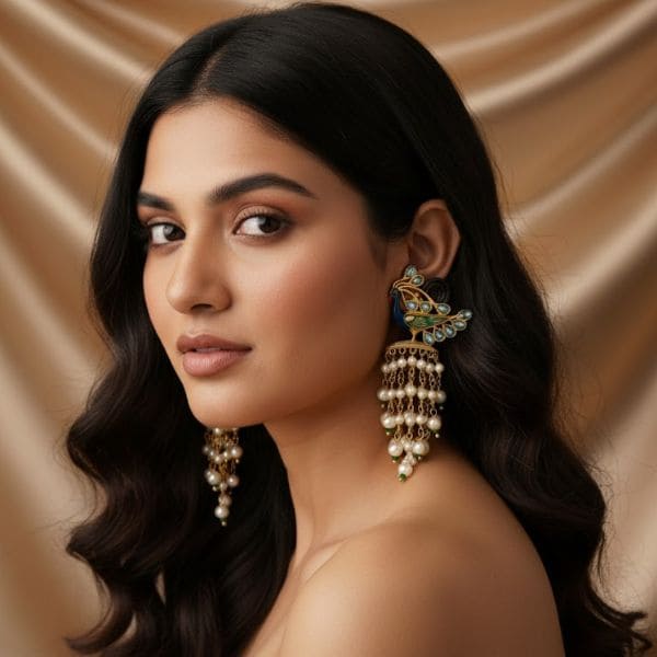 Peacock Motif Chandelier Earrings with Pearl Drops & Green Accents