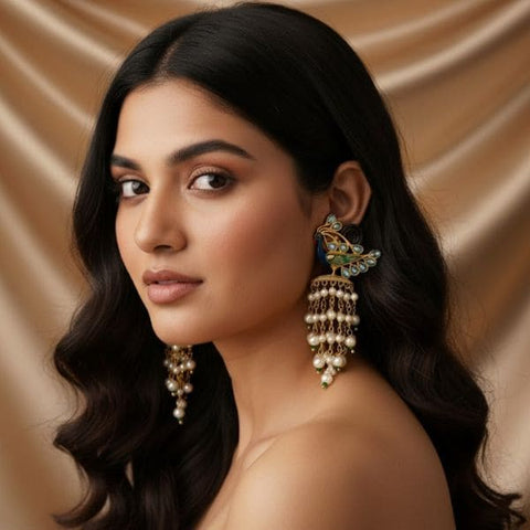 Peacock Motif Chandelier Earrings with Pearl Drops & Green Accents