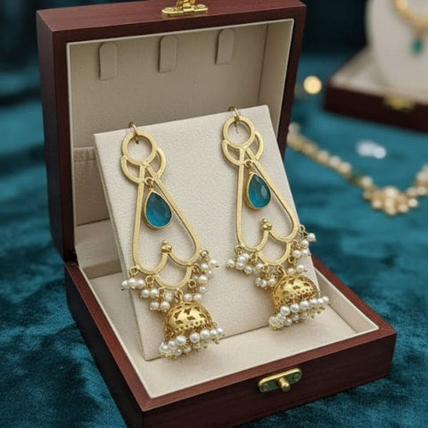 Elegant Gold-Plated Drop Earrings with Ruby Red Stone & Pearl Detailing
