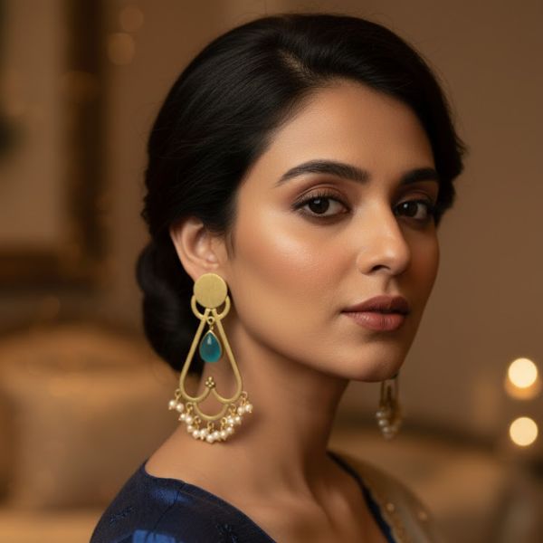 Elegant Gold-Plated Drop Earrings with Ruby Red Stone & Pearl Detailing