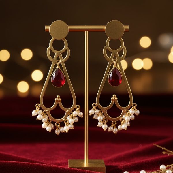 Elegant Gold-Plated Drop Earrings with Ruby Red Stone & Pearl Detailing