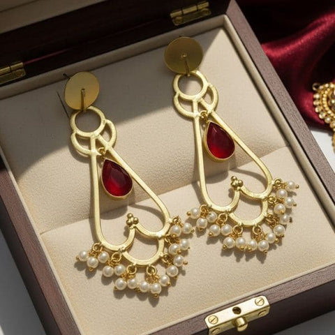 Elegant Gold-Plated Drop Earrings with Ruby Red Stone & Pearl Detailing