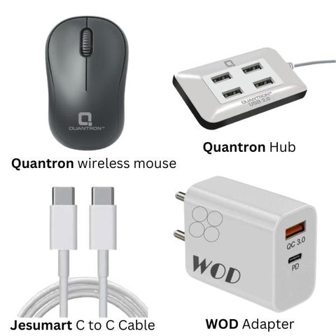 COMBO :-  4-Port Hub & Wireless Mouse (Quantron) + C to C Data Cable + WOD 20W Fast Charger