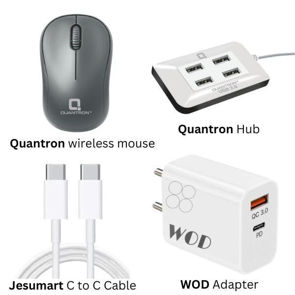 COMBO :-  4-Port Hub & Wireless Mouse (Quantron) + C to C Data Cable + WOD 20W Fast Charger