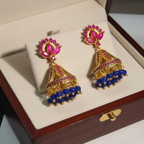 Traditional Indian Jhumka Earrings with Pink and Blue Gemstones