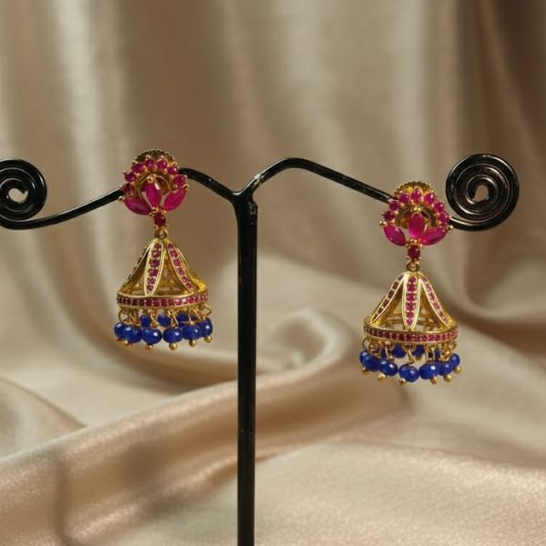 Traditional Indian Jhumka Earrings with Pink and Blue Gemstones