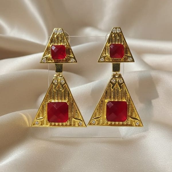 Bold Triangular Red Gemstone Earrings with Gold-Plated Finish