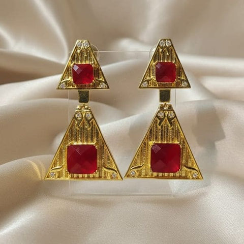 Bold Triangular Red Gemstone Earrings with Gold-Plated Finish