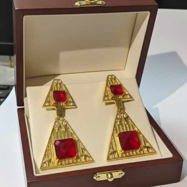 Bold Triangular Red Gemstone Earrings with Gold-Plated Finish