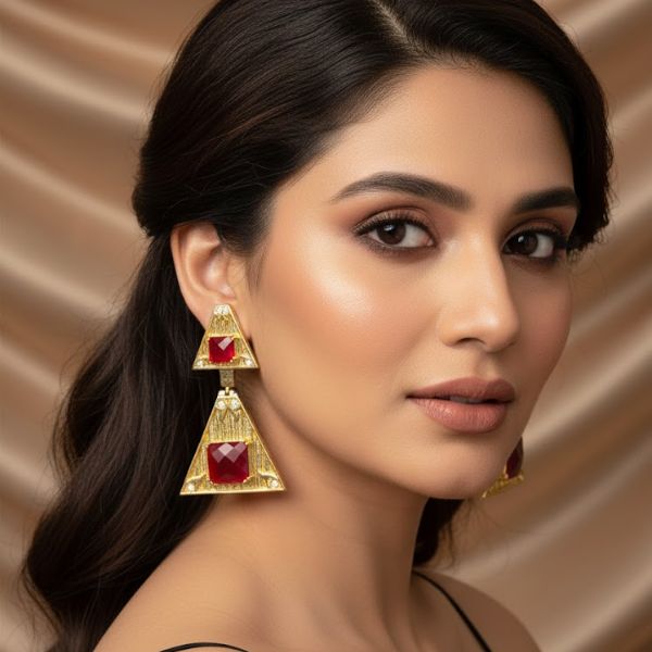 Bold Triangular Red Gemstone Earrings with Gold-Plated Finish