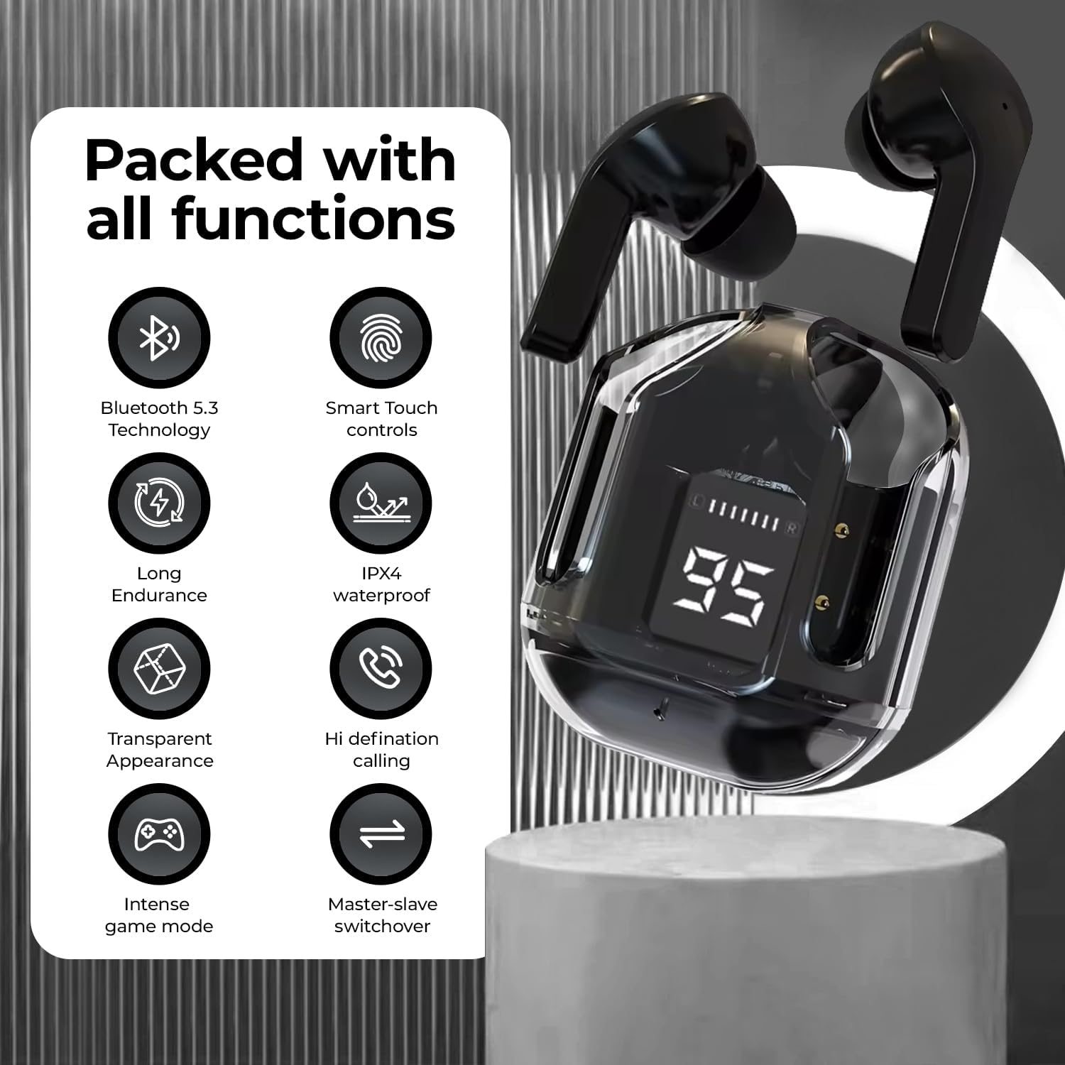 Transparent Digital Wireless Earbuds – Premium Bluetooth 5.3
