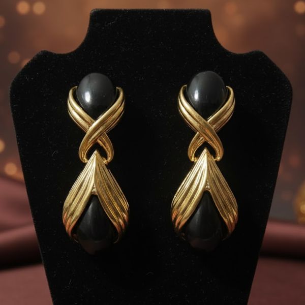 Elegant Vintage Gold-Plated Teardrop Earrings with Black Onyx Stones