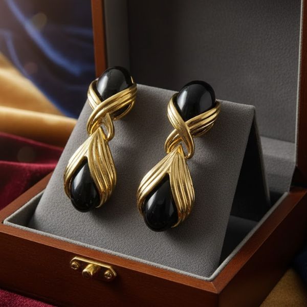 Elegant Vintage Gold-Plated Teardrop Earrings with Black Onyx Stones