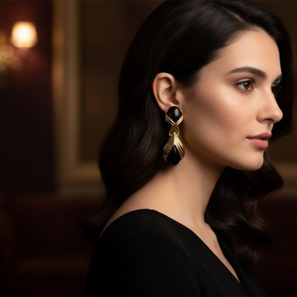 Elegant Vintage Gold-Plated Teardrop Earrings with Black Onyx Stones