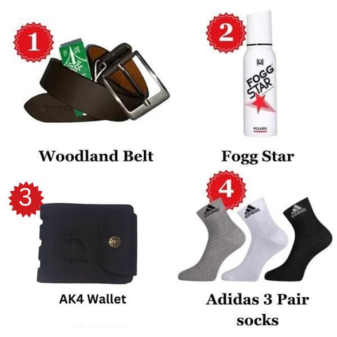 Combo :- Fogg Star 120ml.+ AK4 Wallet +Woodland Belt + Adidas 3 Pair Socks